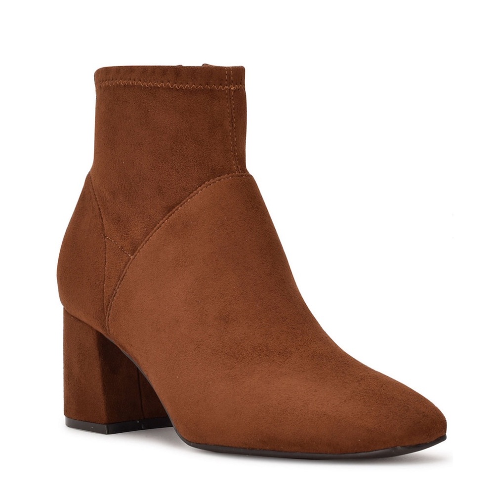 NIB Nine West Volley Block Heel Ankle Boots Faux Suede Brown Size 10